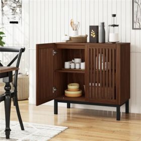 32" Buffet Sideboard Cabinet With 2 Doors, Farmhouse Storage Cabinet (Walnut + Black) With Adjustable Shelf