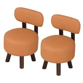 2-Piece Orange Small Footstools, Faux Leather Upholstery & Solid Rubber Wood Legs, 330LBS Load Capacity