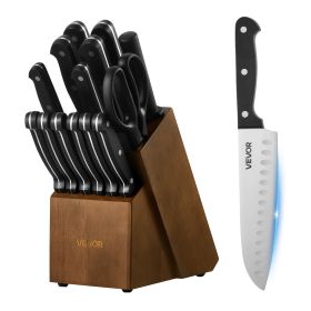 VEVOR Kitchen Knife Set with Block and Sharpener, 15 Piece German High Carbon Stainless Steel Knife Set, Kitchen Cutlery with ABS Ergonomic Handle