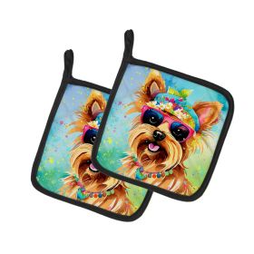 Yorkshire Terrier Hippie Dawg Pair of Pot Holders Kitchen Heat Resistant Pot Holders Sets Oven Hot Pads for Cooking Baking BBQ, 7 1/2 x 7 1/2