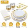 175PCS Disposable Gold Rim Dinnerware Set for 25 Guests - Premium Plastic Plates Cups Cutlery Napkins