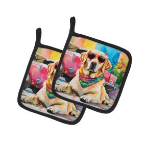 Yellow Labrador Hippie Dawg Pair of Pot Holders Kitchen Heat Resistant Pot Holders Sets Oven Hot Pads for Cooking Baking BBQ, 7 1/2 x 7 1/2