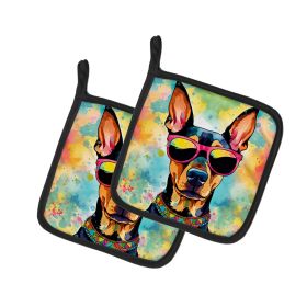 Doberman Pinscher Hippie Dawg Pair of Pot Holders Kitchen Heat Resistant Pot Holders Sets Oven Hot Pads for Cooking Baking BBQ, 7 1/2 x 7 1/2