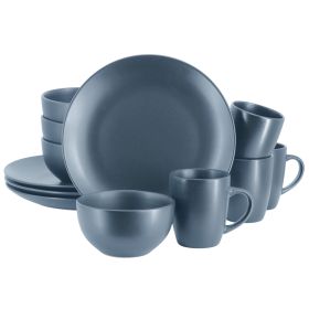 Gibson Home Everyday Plus 12 Piece Round Stoneware Dinnerware Set (Color: Blue)