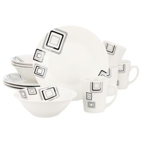Gibson Home Black Squares 12 Piece Round Fine Ceramic Dinnerware Set (Color: White)