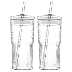 2-pack Glass Straw Cup With Vertical Pattern Cup And Lid, High Borosilicate Heat-resistant Glass Cup For Juice, Milk And Cold Drinks (size: 20 Oz)