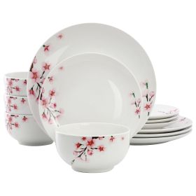 Elama Tamara  Cherry Blossom Porcelain Dinnerware Set, Service for 4 in White and Pink (Option: 12 Piece)