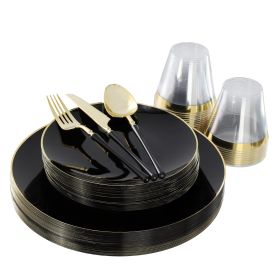 Elama 150 Piece Disposable Plastic Dinnerware Party Set for 25 Guests (Color: Black With Gold Trim)