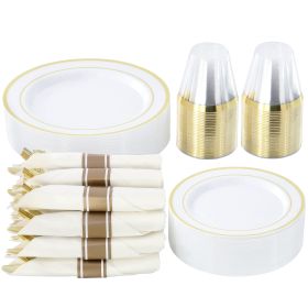 Elama 350 Piece Disposable Plastic Dinnerware Party Set for 50 Guests (Color: White With Gold Trim)