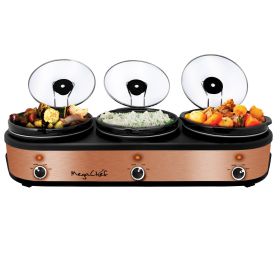 MegaChef Triple 2.5 Quart Slow Cooker and Buffet Server with 3 Ceramic Cooking Pots and Removable Lid Rests (Color: Brushed Copper And Black Finish)