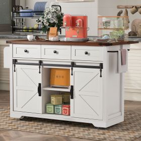 53.7" Farmhouse Kitchen Island with Power Outlet, 2 Sliding Barn Door Kitchen Storage Island with Drop Leaf, Spice Rack Rolling Kitchen Cart on Wheels (Color: White, Material: Particle Board+MDF)
