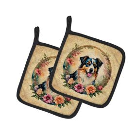 Pair of Pot Holders Kitchen Heat Resistant Pot Holders Sets Oven Hot Pads for Cooking Baking BBQ, 7 1/2 x 7 1/2 (Option: Austrailian Shepard And Flowers)